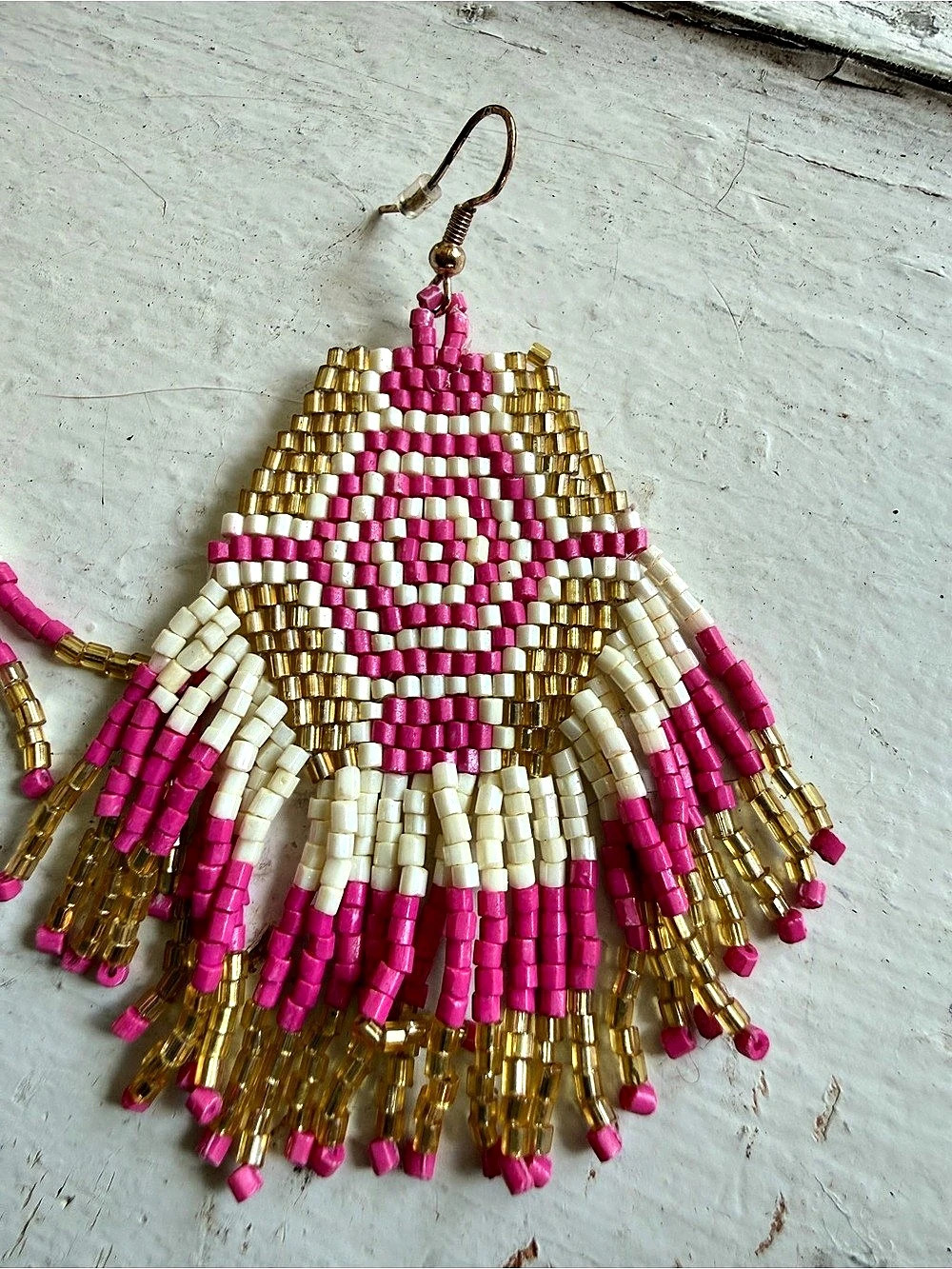 Beaded Fringe Geometric Earrings in Pink & Gold